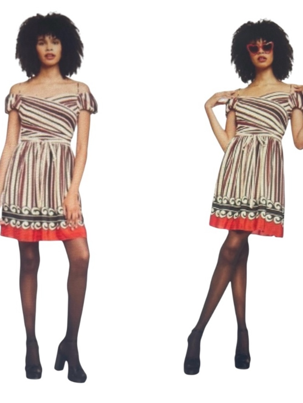 ANNA SUI Gospel Girl Silk Red Black Faux Wrap Cold Shoulder Puff Sleeve Dress